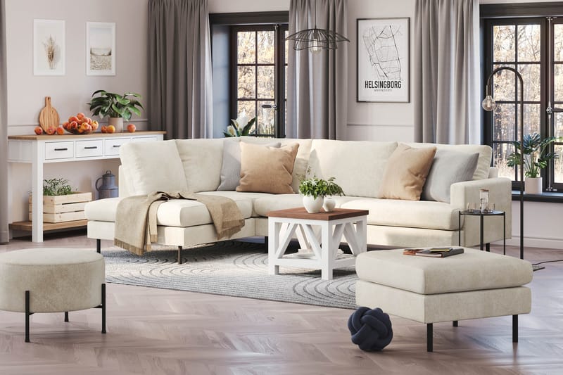 Menard Compact 4-sits Vänstervänd L-formad Schäslongsoffa i Sammet - Krämvit - Products - Möbler - Soffa - Divansoffa & schäslongsoffa - 4 sits soffa med divan