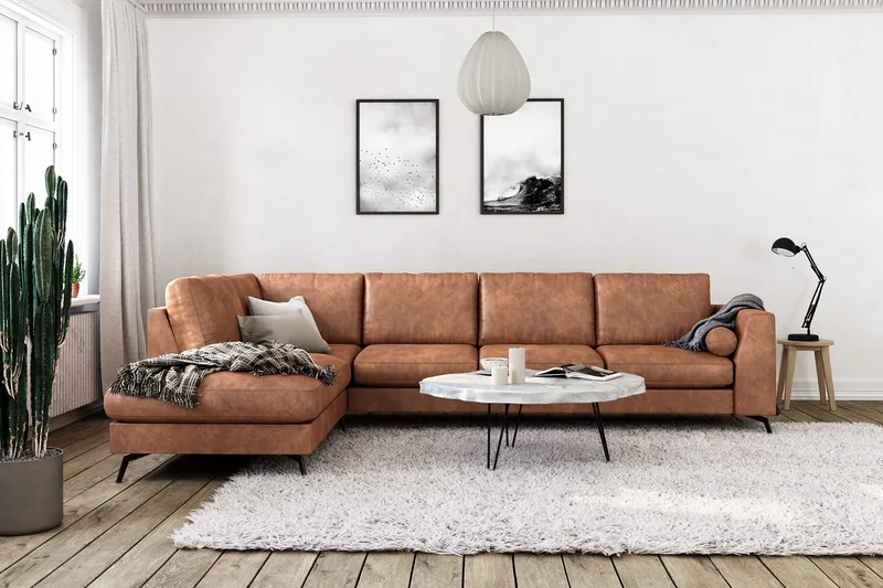 Ocean Lyx 4-sits Vänstervänd L-formad Schäslongsoffa i Konstläder - Brun - Products - Möbler - Soffa - Divansoffa & schäslongsoffa - 4 sits soffa med divan