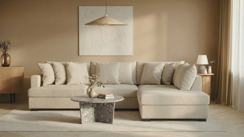 Rossita 4-sits Högervänd L-formad Djup Schäslongsoffa i Manchester - Beige - Products - Möbler - Soffa - Divansoffa & schäslongsoffa - 4 sits soffa med divan