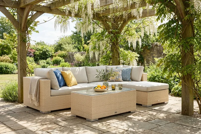 Bahamas utomhus divansoffa 5-sits med vändbar divan och bord - Beige - Products - Utemöbler & utemiljö - Loungemöbler - Loungeset & loungegrupp