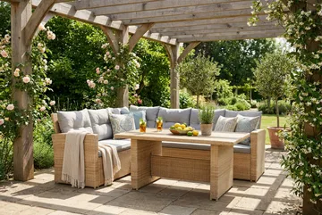 James 5-sits Vänstervänd Loungegrupp Utomhus – Soffgrupp med ljusgrå dynor och bord i konstrotting - Ljusgrå / Beige - Products - Utemöbler & utemiljö - Loungemöbler - Loungeset & loungegrupp