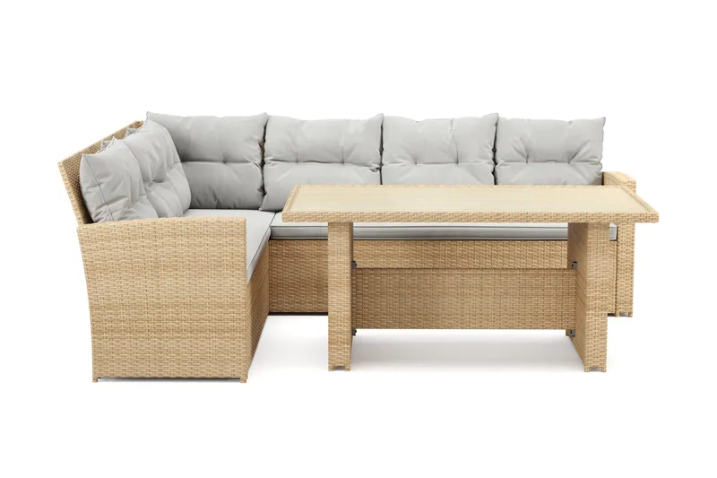 James 5-sits Vänstervänd Loungegrupp Utomhus – Soffgrupp med ljusgrå dynor och bord i konstrotting - Ljusgrå / Beige - Products - Utemöbler & utemiljö - Loungemöbler - Loungeset & loungegrupp