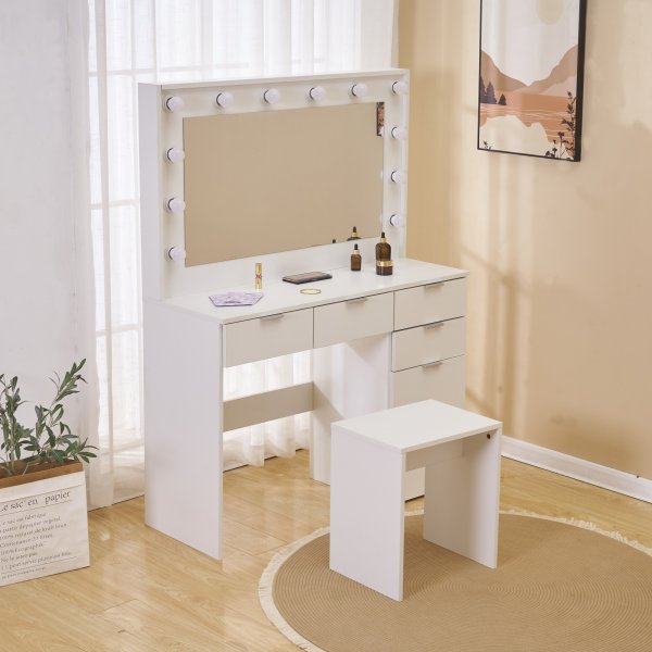 Sminkbord med spegel, sittpall och LED-belysning