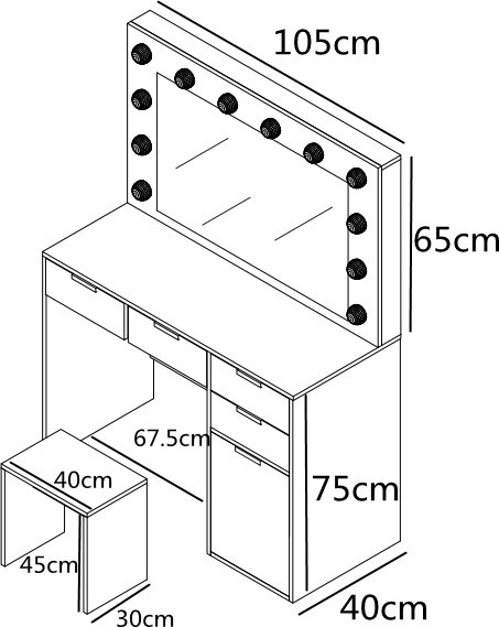 Sminkbord med spegel, sittpall och LED-belysning