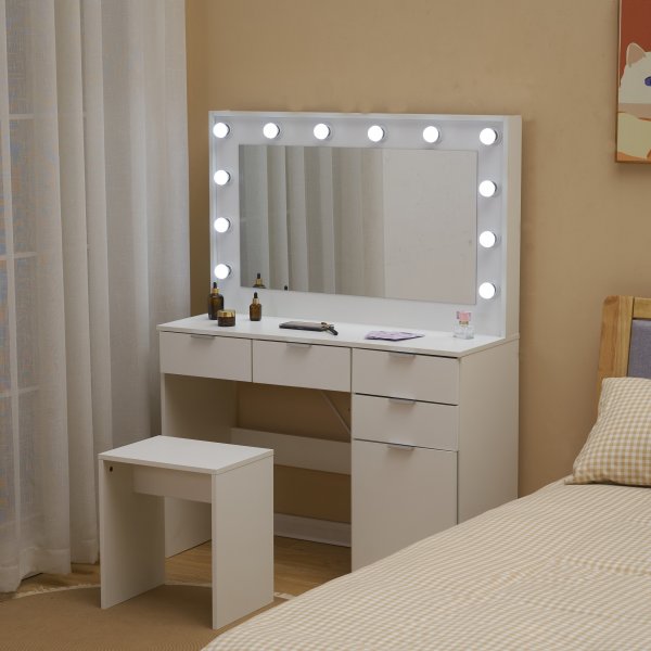 Sminkbord med spegel, sittpall och LED-belysning