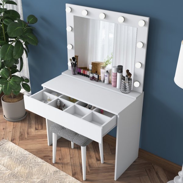 Bijou sminkbord med spegel och pall 21 - 90 x 45 cm - Vit