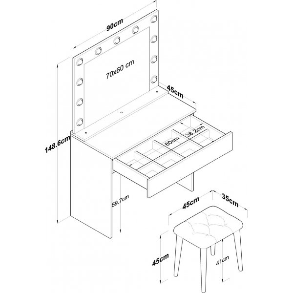 Bijou sminkbord med spegel och pall 21 - 90 x 45 cm - Vit