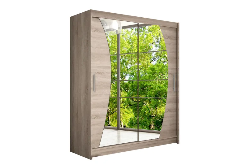 Leila Garderob 150 cm Skjutdörrar Böjd Spegel, Ek/Tryffel/Spegel