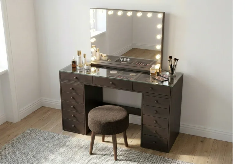Glow Stor sminkspegel 80 cm med belysning lampor - Hollywood spegel med USB-charging - Brun - Products - Inredning - Spegel - Sminkspegel