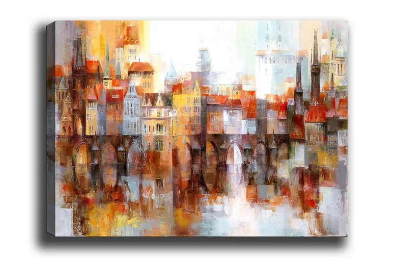 Canvastavla - Färgglad stadsbild med historiska byggnader och broar, Orange / Blå / Beige