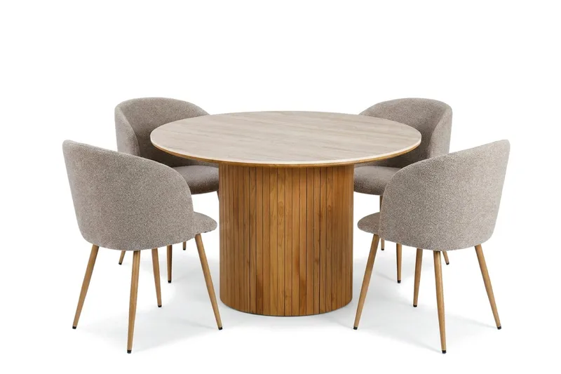 Arvo Matgrupp runt 120 cm Travertinlook med 4 Greya Matstolar - Ek - Products - Möbler - Bord & matgrupp - Matgrupp