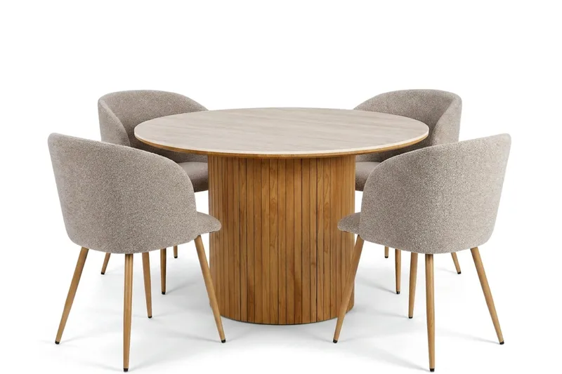 Arvo Matgrupp runt 120 cm Travertinlook med 4 Greya Matstolar - Ek - Products - Möbler - Bord & matgrupp - Matgrupp