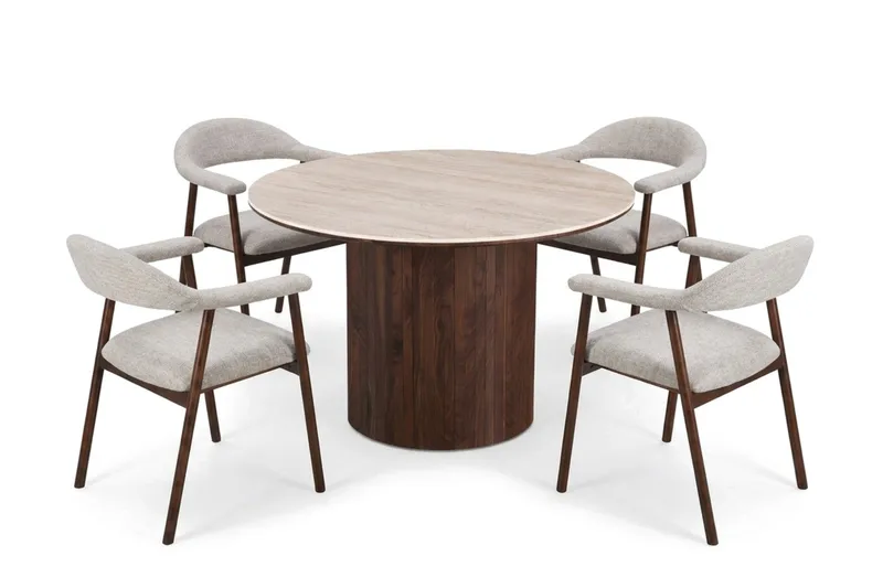 Arvo Matgrupp runt 120 cm Travertinlook med 4 Ronja Matstolar - Valnöt - Products - Möbler - Bord & matgrupp - Matgrupp
