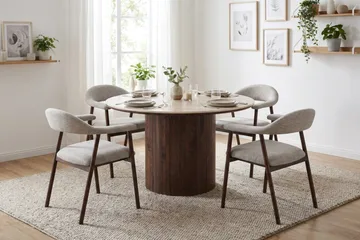 Arvo Matgrupp runt 120 cm Travertinlook med 4 Ronja Matstolar - Valnöt - Products - Möbler - Bord & matgrupp - Matgrupp