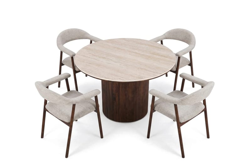 Arvo Matgrupp runt 120 cm Travertinlook med 4 Ronja Matstolar - Valnöt - Products - Möbler - Bord & matgrupp - Matgrupp