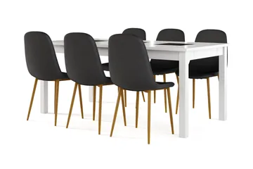 Jasmin Förlängningsbart Matbord 180 cm +  6 st Nibe stol svart med ek ben, Vit/Svart