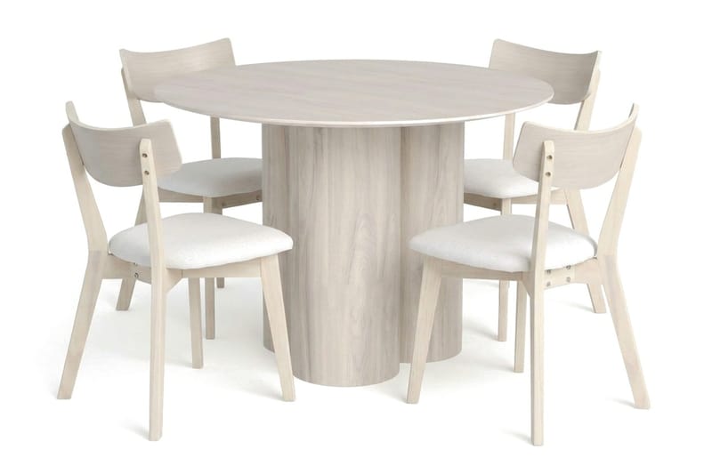 Juno Matgrupp 110 cm runt Vitlaserad med 4 Amelia Matstolar med Dyna - Vitlaserad/Beige - Products - Möbler - Bord & matgrupp - Matgrupp