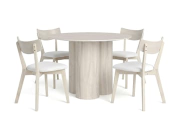 Juno Matgrupp 110 cm runt Vitlaserad med 4 Amelia Matstolar med Dyna, Vitlaserad/Beige