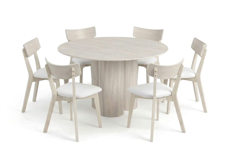 Juno Matgrupp 130 cm runt Vitlaserad med 6 Ameli Matstolar med Dyna - Vitlaserad/Beige - Products - Möbler - Bord & matgrupp - Matgrupp