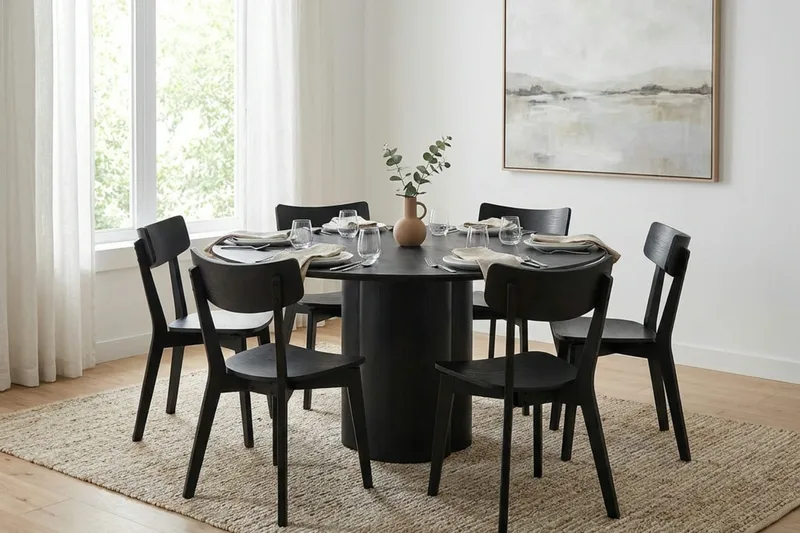 Juno Matgrupp 150 cm runt i Svart med 6 Amelia Matstolar - Svartlaserad ek - Products - Möbler - Bord & matgrupp - Matgrupp