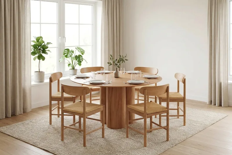 Juno Matgrupp runt 130 cm Ek med 6 Malte Matstolar - Products - Möbler - Bord & matgrupp - Matgrupp