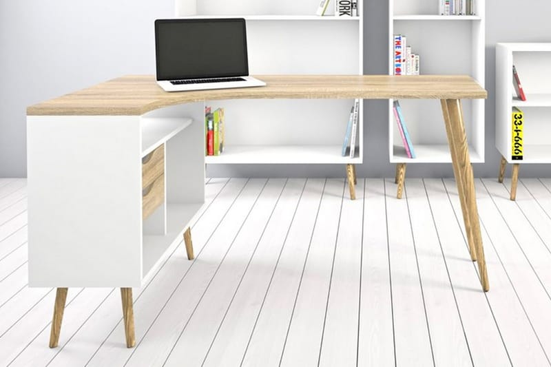 Delta Skrivbord 145 cm med Förvaring Lådor + Hyllor - Vit/Natur - Products - Möbler - Bord & matgrupp - Kontorsbord - Datorbord