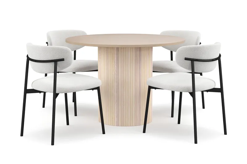 Kopparbo Matbord 106 cm med 4 Lucy Matstolar, White / Vit Bouclé / Metallben Svart