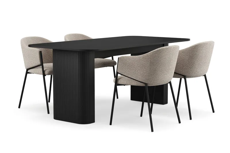 Kopparbo Matbord 180-240 cm Förlängningsbart med 4 Filip Matstolar, Svart / Taupe Bouclé