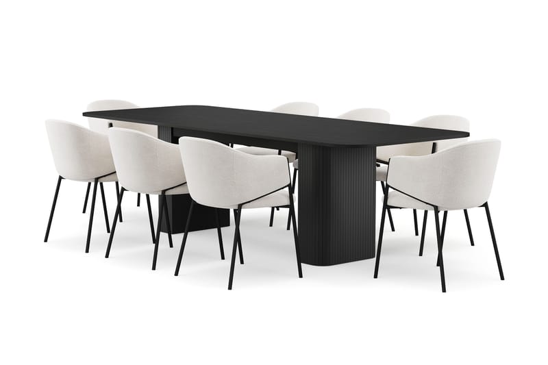 Kopparbo Matbord 200-260 cm Förlängningsbart med 8 Filip Matstolar, Svart / Vit Bouclé