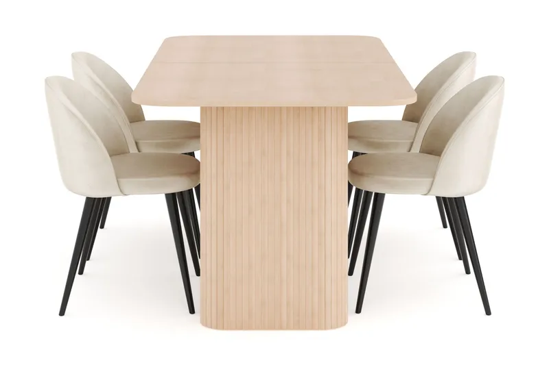 Kopparbo Matgrupp 180-240 cm Förlängningsbart med 4 Valeri Sammetsstolar - Whitewash - Products - Möbler - Bord & matgrupp - Matgrupp