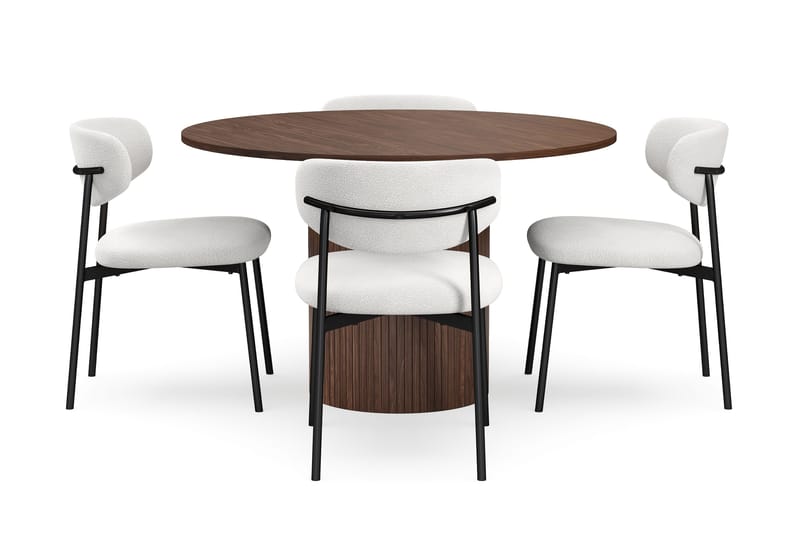 Kopparbo Runt Matbord 120 cm med 4 Lucy Matstolar - Mörkbrun / Vit Bouclé / Metallben Svart - Products - Möbler - Bord & matgrupp - Matgrupp