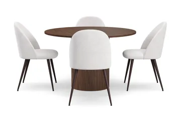 Kopparbo Runt Matbord 120 cm med 4 Nibe Plus Matstolar - Mörkbrun / Vit Bouclé / Metallben Valnöt - Products - Möbler - Bord & matgrupp - Matgrupp