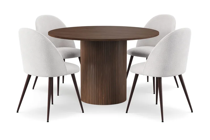 Kopparbo Runt Matbord 120 cm med 4 Nibe Plus Matstolar, Mörkbrun / Vit Bouclé / Metallben Valnöt