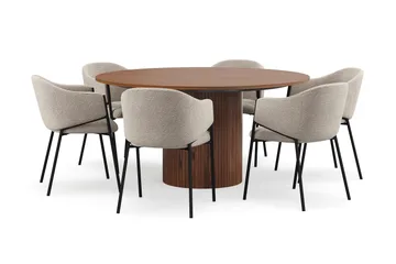 Kopparbo Runt Matbord 150 cm med 6 Filip Matstolar - Valnöt / Taupe Bouclé - Products - Möbler - Bord & matgrupp - Matgrupp