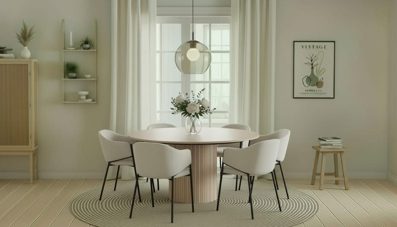 Kopparbo Runt Matbord 150 cm med 6 Filip Matstolar - Vit / Vit Bouclé - Products - Möbler - Bord & matgrupp - Matgrupp