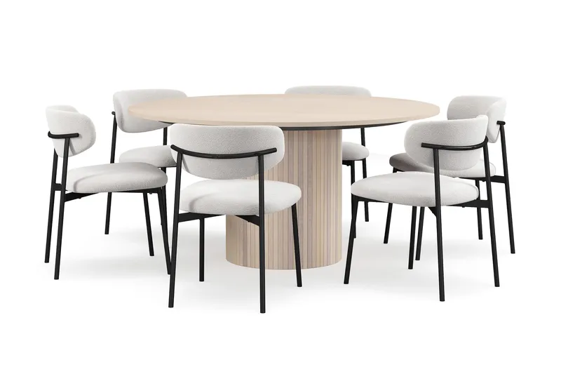 Kopparbo Runt Matbord 150 cm med 6 Lucy Matstolar - Vit / Vit Bouclé / Metallben Svart - Products - Möbler - Bord & matgrupp - Matgrupp