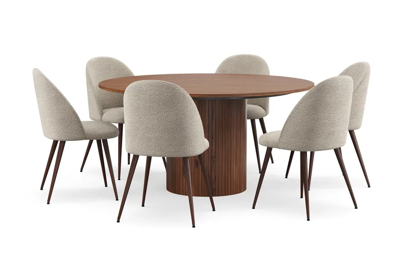 Kopparbo Runt Matbord 150 cm med 6 Nibe Plus Matstolar, Valnöt / Greige Bouclé / Metallben Valnöt