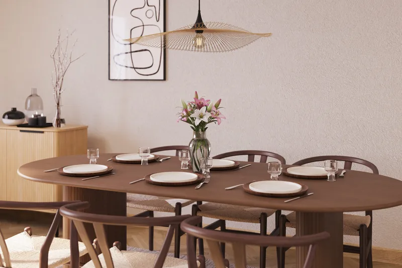 Noira Matgrupp 220 cm Massiv Valnöt med 6 Dastoori Matstolar - Ribbad / Natur / Mörkbrun / Brunt Trä - Products - Möbler - Bord & matgrupp - Matgrupp