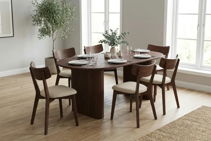 Noira Matgrupp 220 cm rektangulärt i Valnöt med 6 Amelia Matstolar med Dyna - Valnöt - Products - Möbler - Bord & matgrupp - Matgrupp