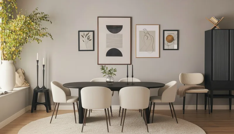 Noira Ovalt Matbord 220 cm med 6 Greya Matstolar med armstöd - Svart / Vit Bouclé / Metallben Valnöt - Products - Möbler - Bord & matgrupp - Matgrupp