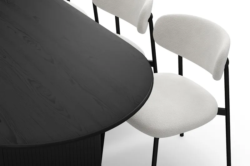 Noira Ovalt Matbord 220 cm med 6 Lucy Matstolar - Svart / Vit Bouclé / Metallben Svart - Products - Möbler - Bord & matgrupp - Matgrupp