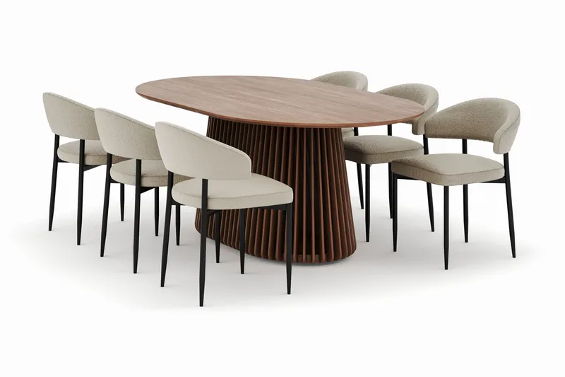 Peyra Ovalt Matbord 200 cm med 6 Sawako Stolar, Valnöt