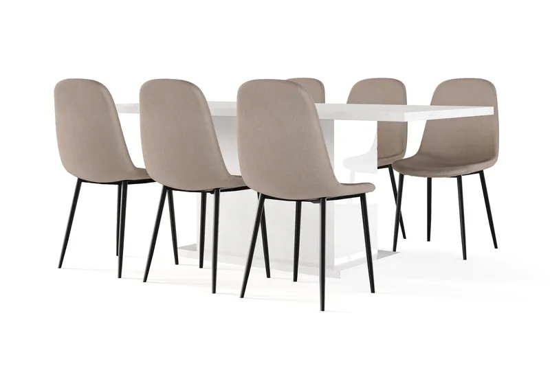 Ratliff Matbord 180 cm Förlängningsbart med illäggsskiva +  6 st Nibe stol brun med svarta ben, Vit/Brun