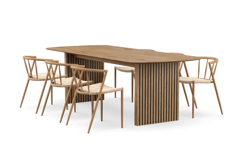 Richeto Matbord 240 cm med 6 Winston Matstolar, Naturlig finish / Beige / Metallben Ek