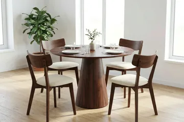 Siena Matgrupp 110 cm runt i Valnöt med 4 Amelia Matstolar med Dyna - Valnöt/Beige - Products - Möbler - Bord & matgrupp - Matgrupp