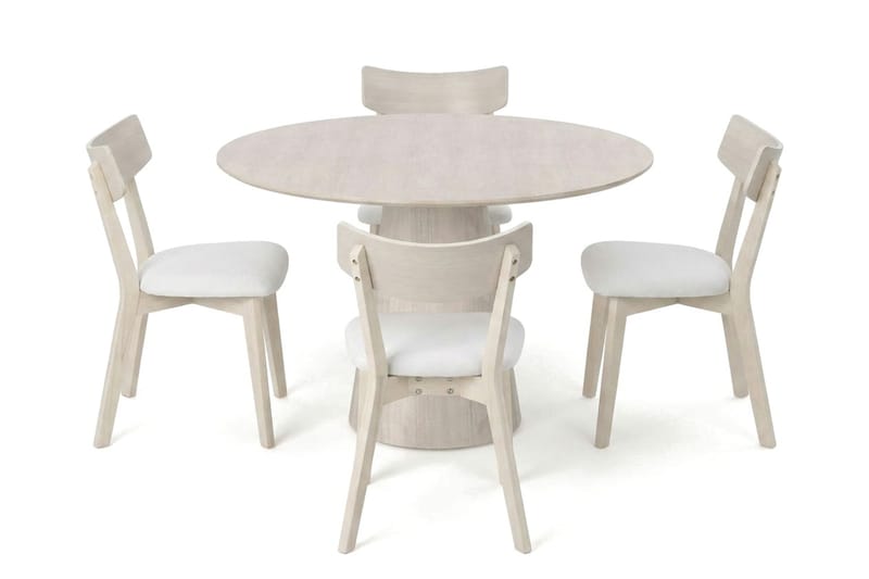 Siena Matgrupp 110 cm runt Vitlaserad med 4 Amelia Matstolar med Dyna - Vitlaserad/Beige - Products - Möbler - Bord & matgrupp - Matgrupp