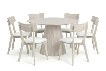 Siena Matgrupp 130 cm runt Vitlaserad med 6 Amelia Matstolar med Dyna, Vitlaserad/Beige