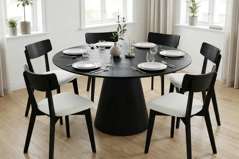 Siena Matgrupp 150 cm runt i Svart med 6 Amelia Matstolar med Dyna - Svartlaserad ek - Products - Möbler - Bord & matgrupp - Matgrupp