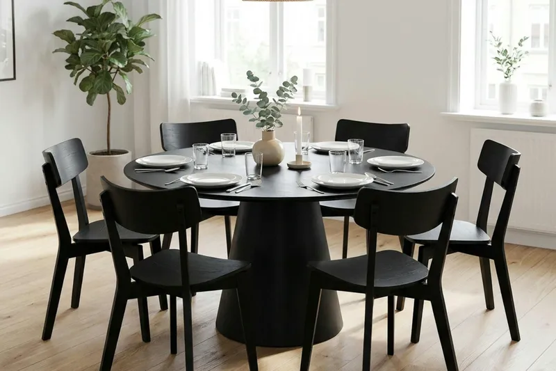 Siena Matgrupp 150 cm runt i Svart med 6 Amelia Matstolar - Svart - Products - Möbler - Bord & matgrupp - Matgrupp