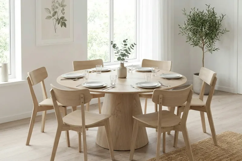 Siena Matgrupp 150 cm runt Vitlaserad med 6 Amelia Matstolar - Vitlaserad ek - Products - Möbler - Bord & matgrupp - Matgrupp